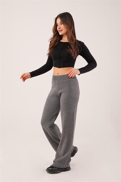 Yüksek Bel Bol Paça Antrasit Triko Pantolon