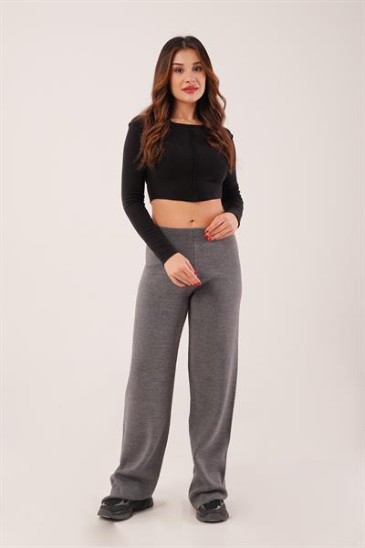 Yüksek Bel Bol Paça Antrasit Triko Pantolon