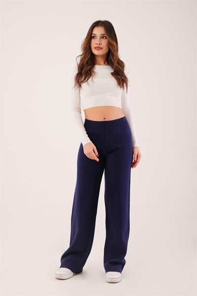 Yüksek Bel Bol Paça Lacivert Triko Pantolon