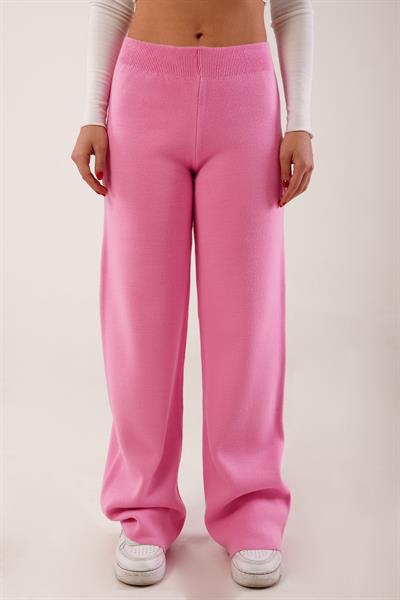 Yüksek Bel Bol Paça Pembe Triko Pantolon