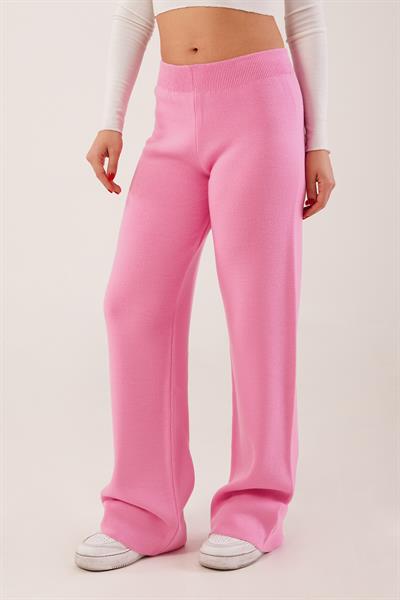 Yüksek Bel Bol Paça Pembe Triko Pantolon