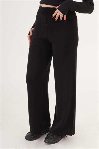 Beli Yükse Bol Paça Siyah Triko Pantolon