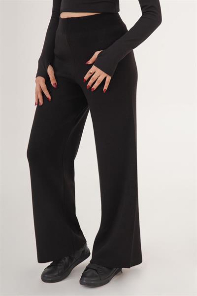 Beli Yükse Bol Paça Siyah Triko Pantolon