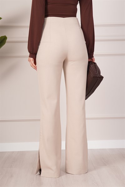 Yüksek Bel Çan Paça Yırtmaçlı Bej Pantolon