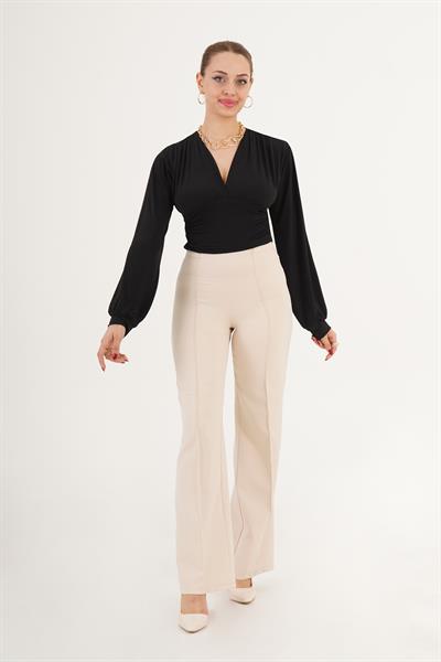 Yüksek Bel Dikişli Düz Paça Bej Pantolon