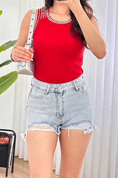 Yüksek Bel Distressed Kot Mavi Denim Şort