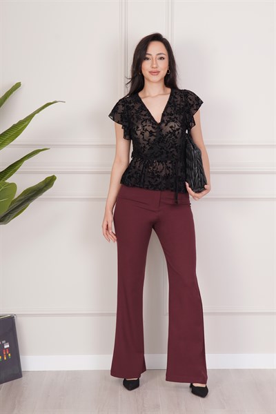 Yüksek Bel Flare Rahat Kesim Bordo Pantolon