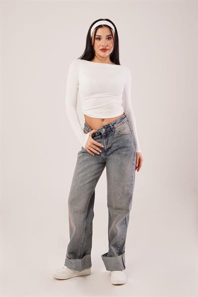 Yüksek Bel Geniş Paça Yıkamalı Jean