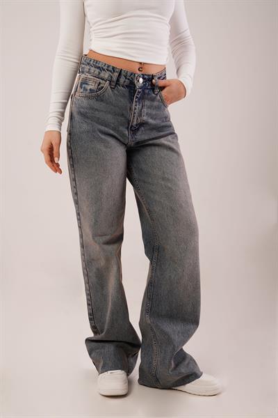 Yüksek Bel Geniş Paça Yıkamalı Jean