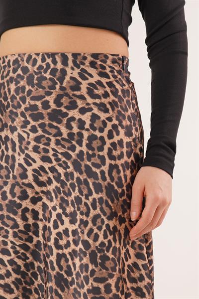 Yüksek Bel Midi Leopar Saten Etek