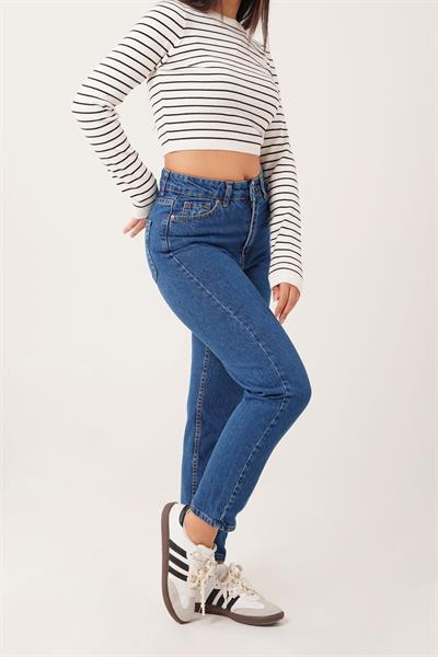 Yüksek Bel Mom Fit Orta Mavi Pantolon
