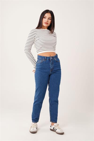 Yüksek Bel Mom Fit Orta Mavi Pantolon