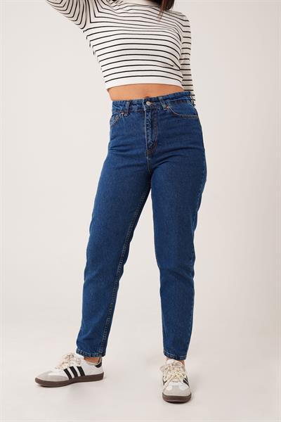 Yüksek Bel Mom Fit Orta Mavi Pantolon