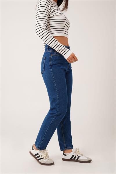 Yüksek Bel Mom Fit Orta Mavi Pantolon
