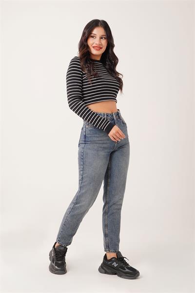 Yüksek Bel Mom Fit Yıkamalı Pantolon