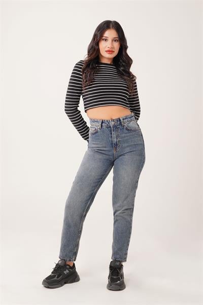 Yüksek Bel Mom Fit Yıkamalı Pantolon