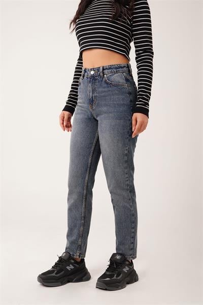 Yüksek Bel Mom Fit Yıkamalı Pantolon