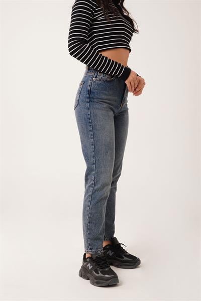 Yüksek Bel Mom Fit Yıkamalı Pantolon