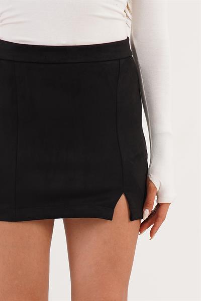 Yüksek Bel Önü Yırtmaçlı Mini Siyah Süet Etek