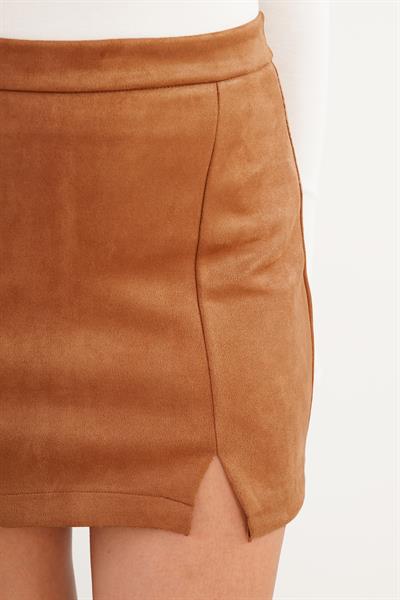 Yüksek Bel Önü Yırtmaçlı Mini Taba Süet Etek