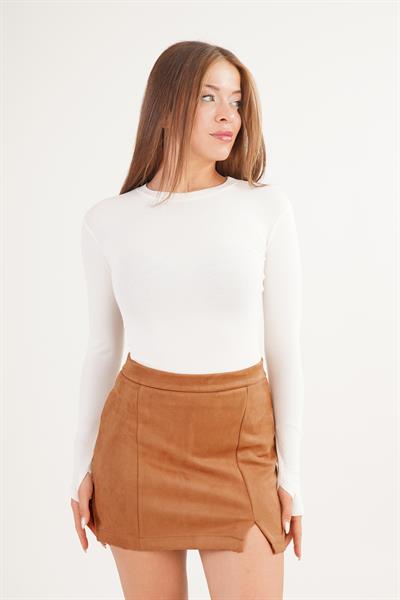 Yüksek Bel Önü Yırtmaçlı Mini Taba Süet Etek