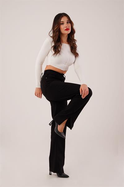 Yüksek Bel Paça Yırtmaç Detaylı Palazzo Siyah Jean Pantolon