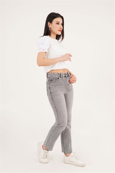 Yüksek Bel Premium Paçası Kesik Gri Mom Jean