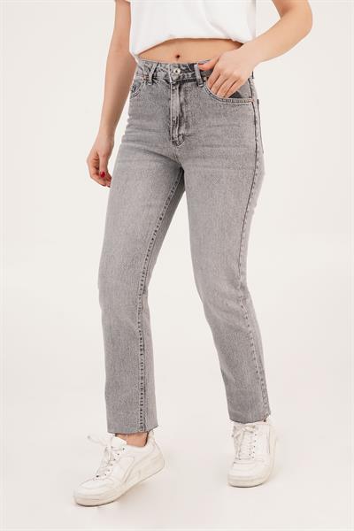 Yüksek Bel Premium Paçası Kesik Gri Mom Jean