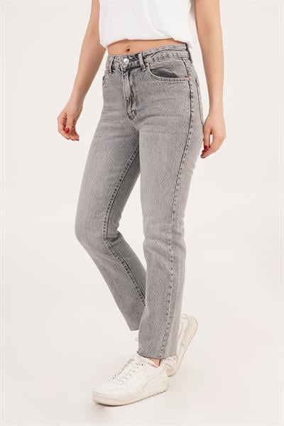 Yüksek Bel Premium Paçası Kesik Gri Mom Jean