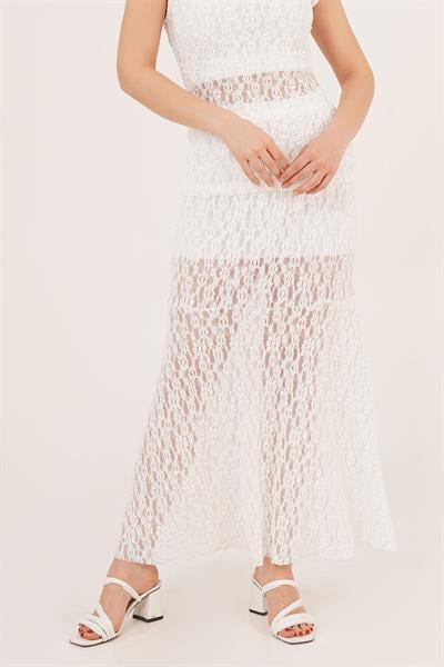 Yüksek Bel Romantik Dantelli Beyaz Uzun Etek