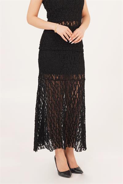 Yüksek Bel Romantik Dantelli Siyah Uzun Etek