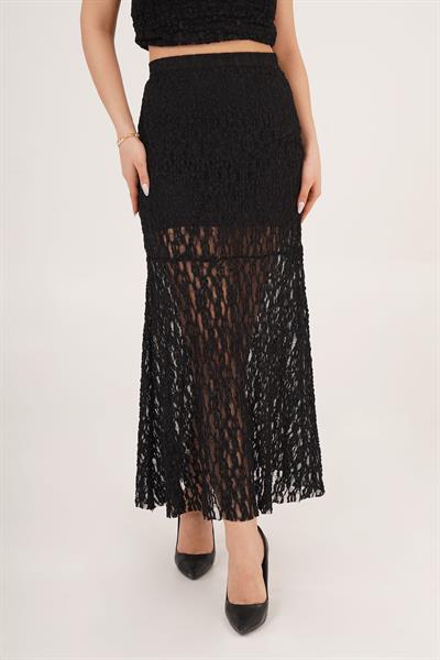 Yüksek Bel Romantik Dantelli Siyah Uzun Etek