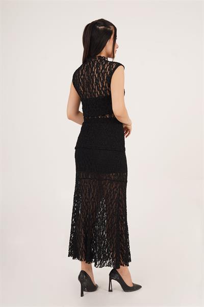 Yüksek Bel Romantik Dantelli Siyah Uzun Etek