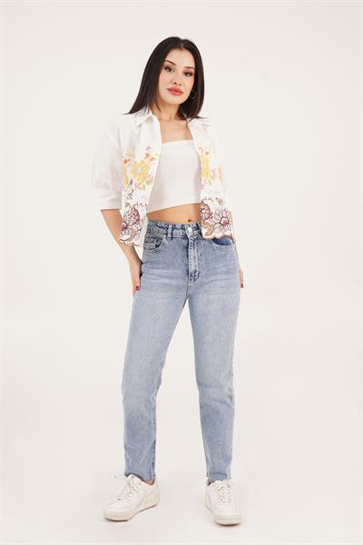 Yüksek Bel Straight Fit Orta Mavi Mom Jean