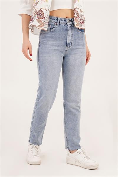 Yüksek Bel Straight Fit Orta Mavi Mom Jean