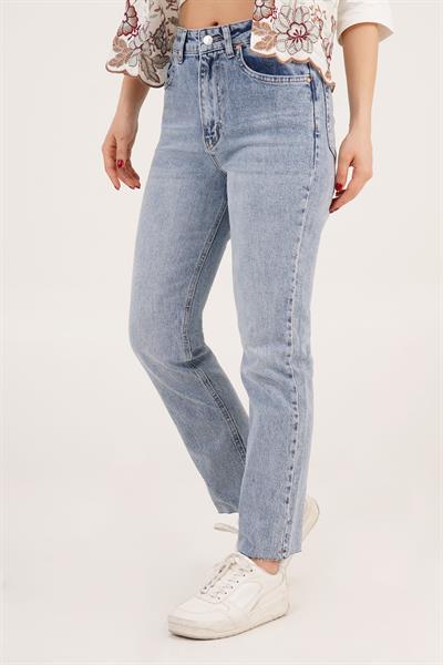 Yüksek Bel Straight Fit Orta Mavi Mom Jean