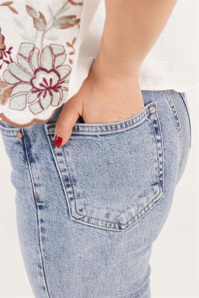 Yüksek Bel Straight Fit Orta Mavi Mom Jean