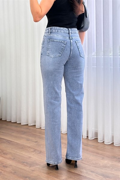 Yüksek Bel Straight Yıkamalı Kot Mavi Jean