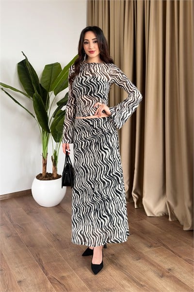Zebra Ekru Desen Volan Kol Transparan Bluz
