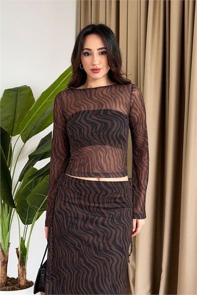Zebra Kahve Desen Volan Kol Transparan Bluz
