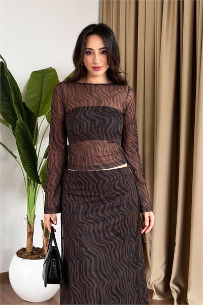 Zebra Kahve Desen Volan Kol Transparan Bluz