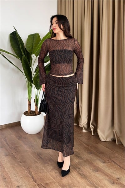 Zebra Kahve Desen Volan Kol Transparan Bluz