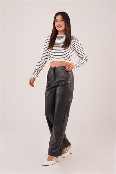 Zr Model Dikiş Detaylı Bol paça Siyah Deri Pantolon