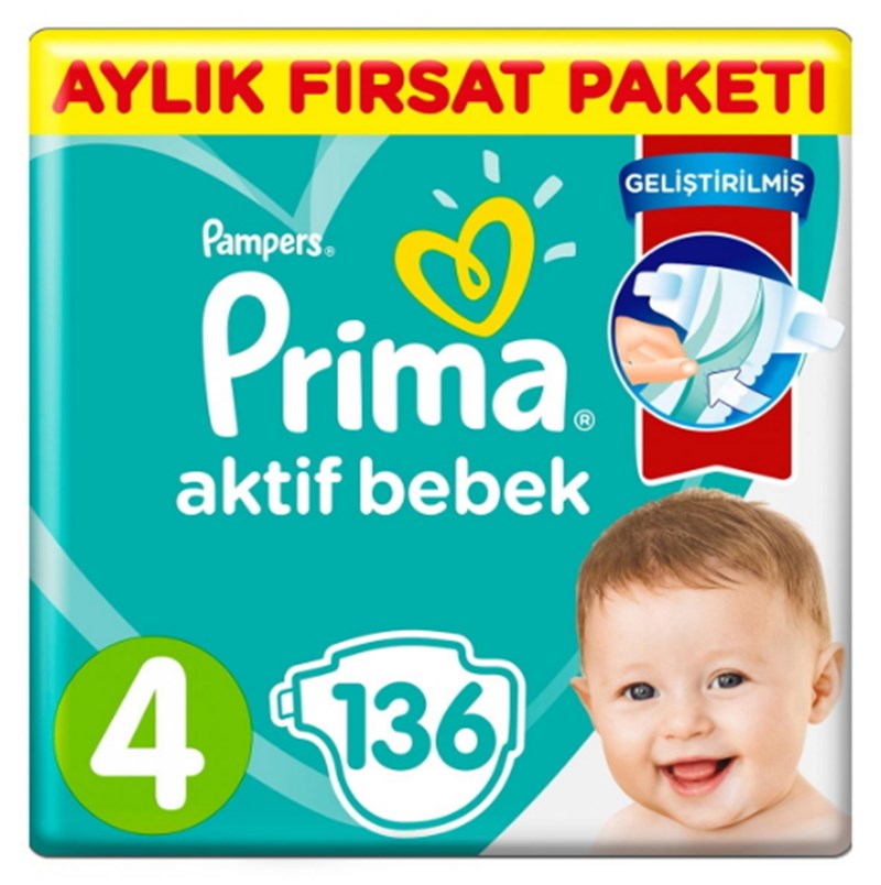 Prima Bebek Bezi Aktif Bebek 4 Beden Maxi Aylık Fırsat Paketi 136 Adet