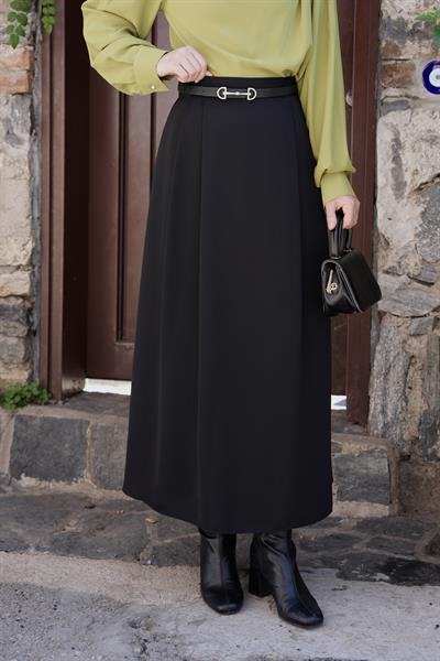 Çift Pileli A Kesim Etek Siyah