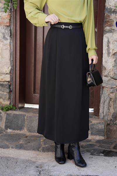 Çift Pileli A Kesim Etek Siyah