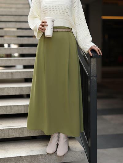 Çift Pileli A Kesim Etek Yağ Yeşili