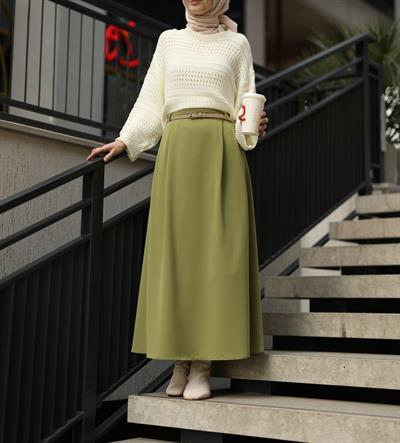 Çift Pileli A Kesim Etek Yağ Yeşili