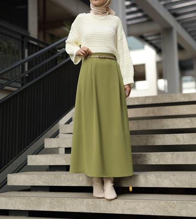 Çift Pileli A Kesim Etek Yağ Yeşili