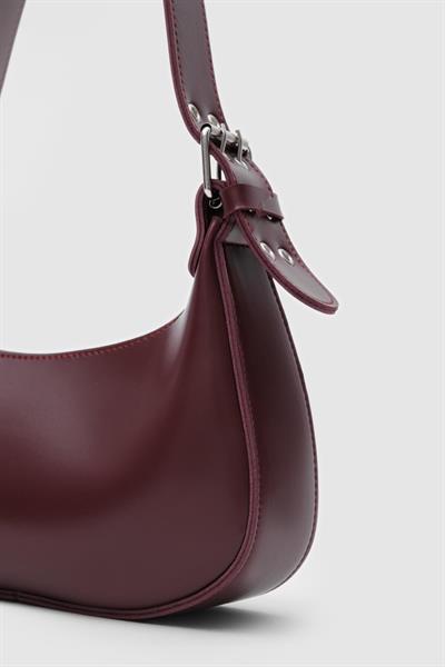 Deri Oval Baget Çanta Bordo